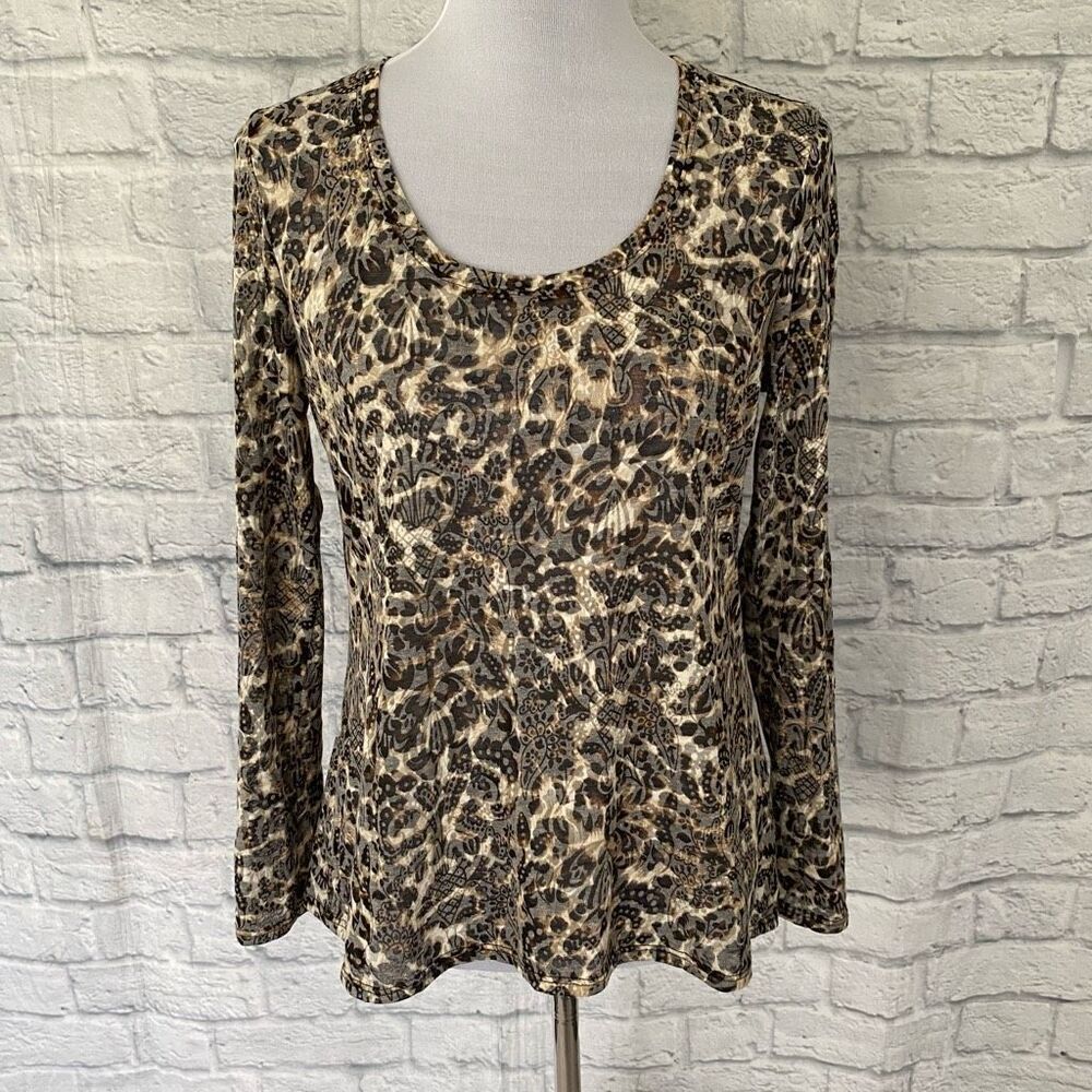 Cache women L cotton blend semi sheer w/back lace upper trim Longsleeve top